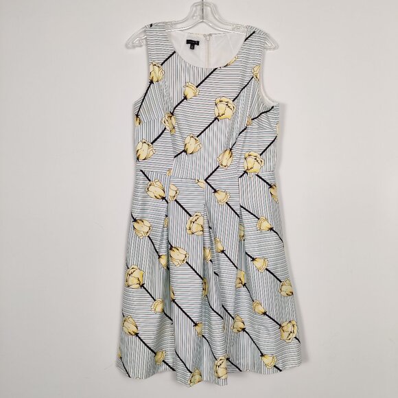 Talbots Women's Dress Sz 12 White Blue Striped Yellow Floral Cotton Pleats Lined - Picture 1 of 9